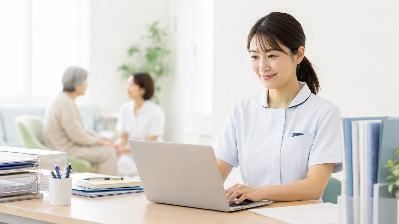 介護施設のスタッフが事務作業をしている様子。奥では利用者との会話がすすむ